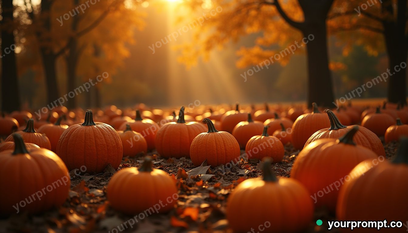 A pumpkin patch under a golden autumn sky