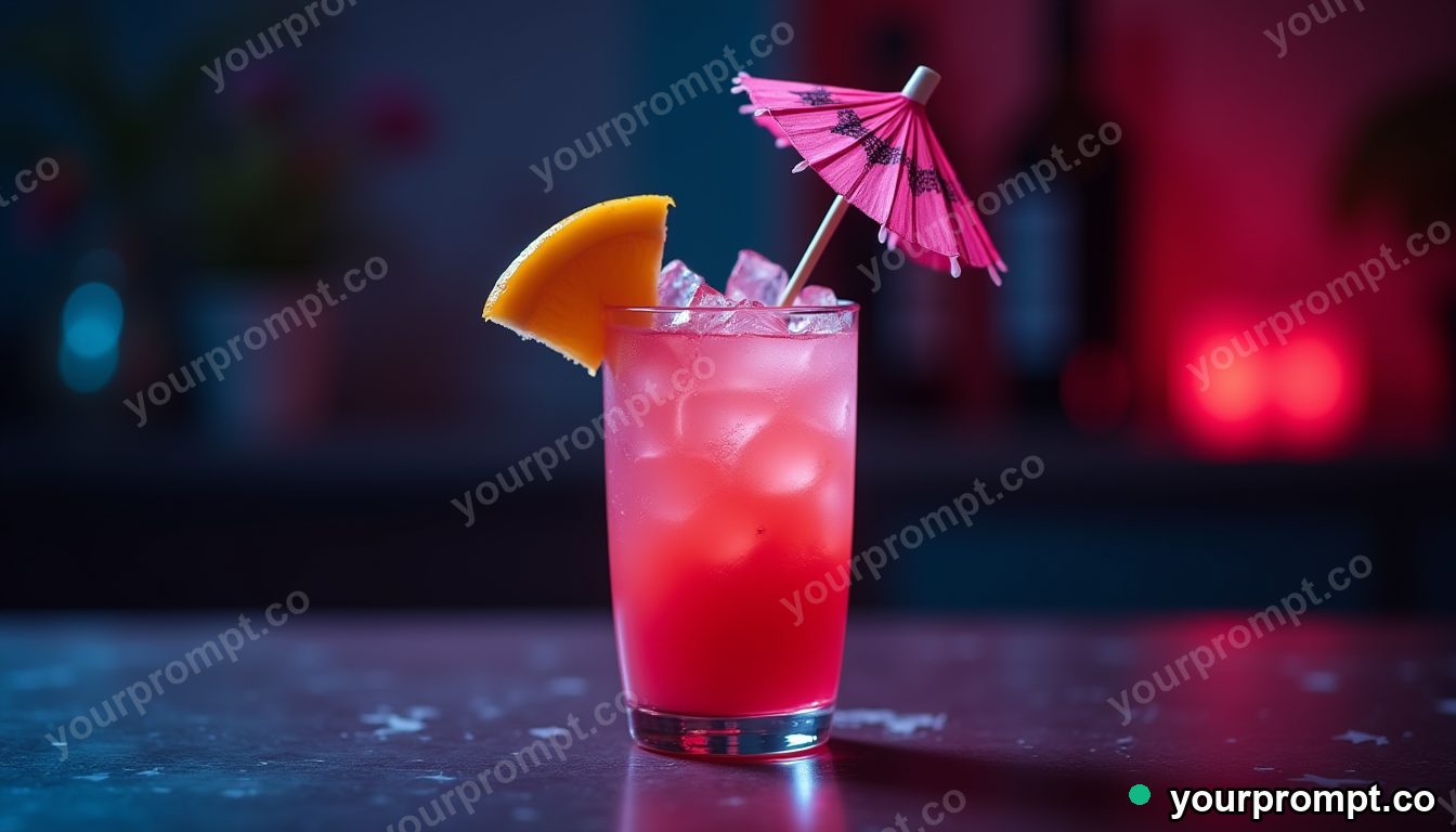 A tropical cocktail with fruit and a tiny umbrella