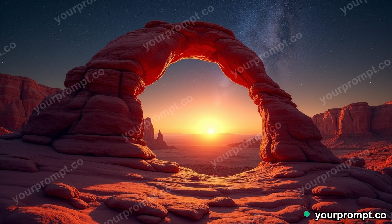 A red-rock desert arch under a starry sky