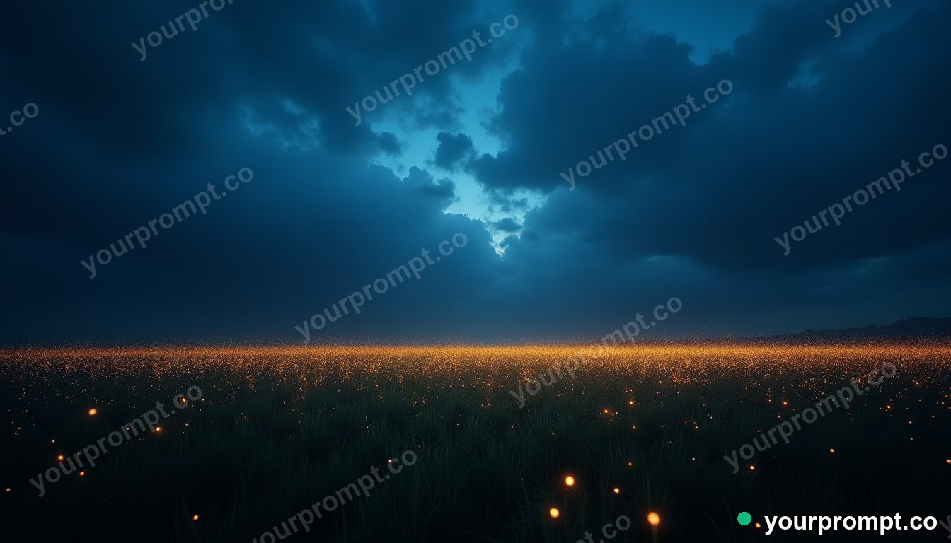 A firefly-lit meadow under a deep blue dusk