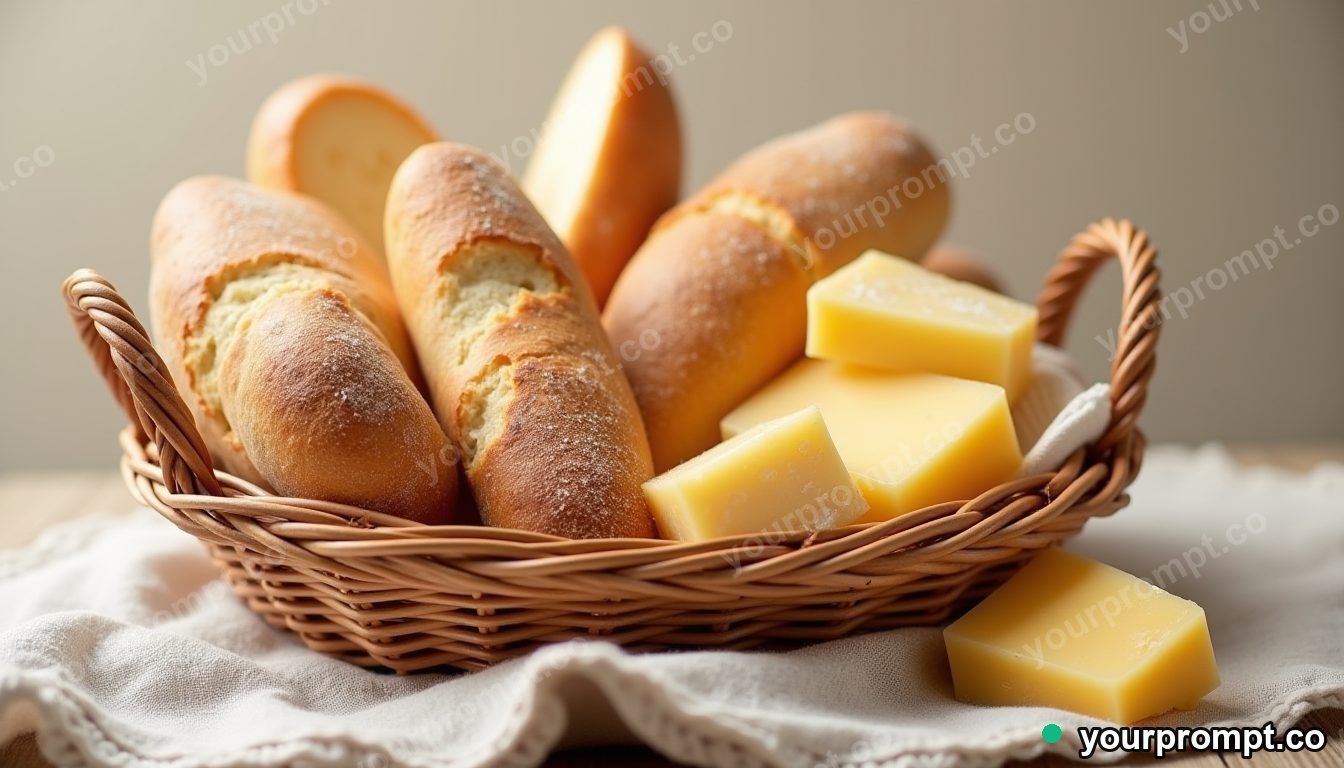 A basket of fresh bread and cheese on linen