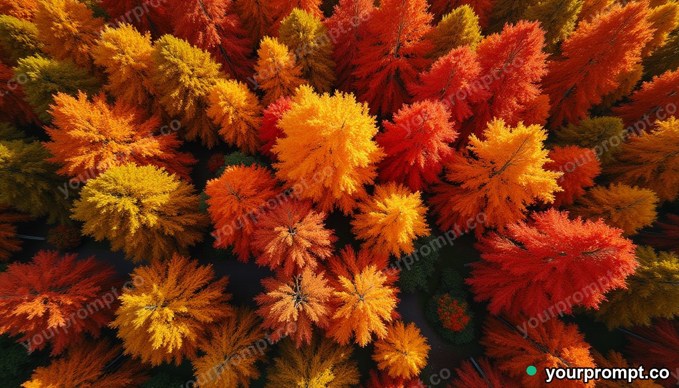 A top-down view of autumn treetops in fiery colors