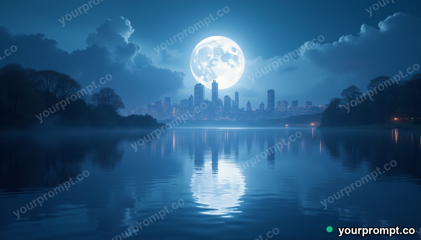 A moonlit lake reflecting an impossible city of light