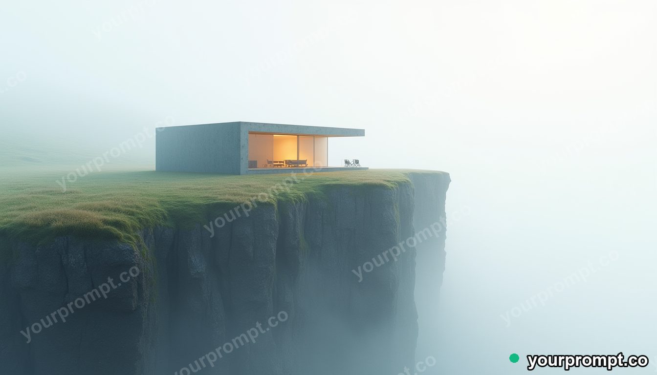 A minimalist concrete house on a misty cliff