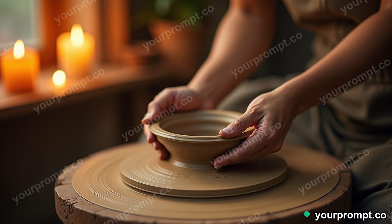 A potter shaping clay on a spinning wheel