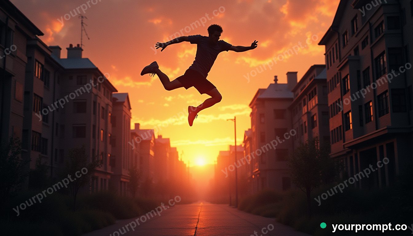 A parkour runner leaping between rooftops at dusk