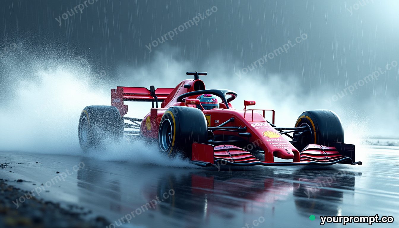 A Formula car blasting through a rainy corner with spray