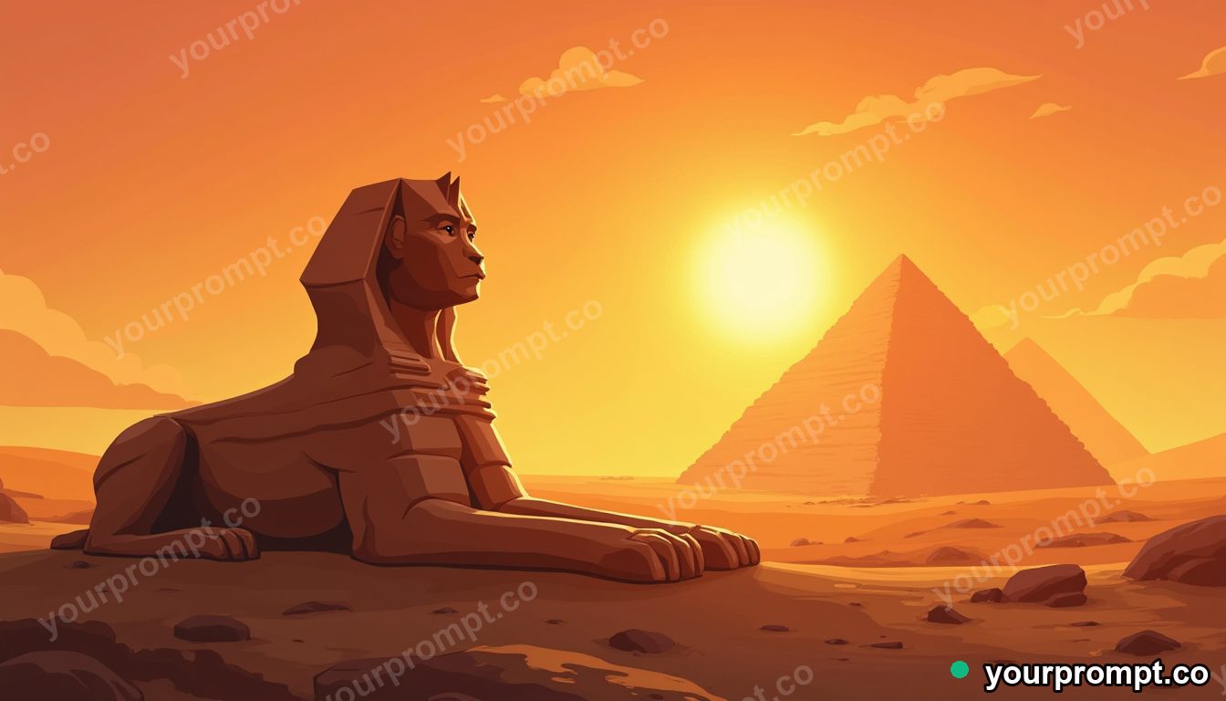 A sphinx beside pyramids at golden dusk