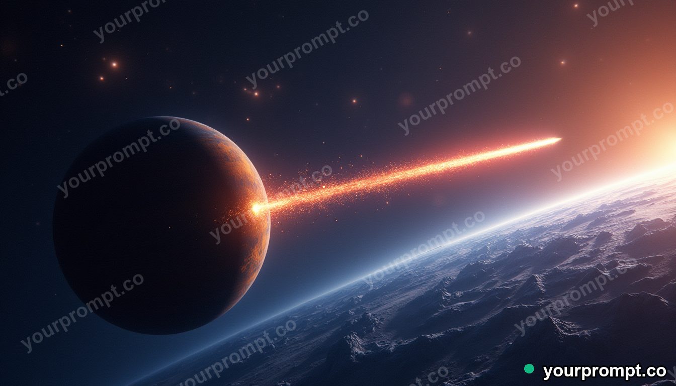 A comet streaking past a ringed planet