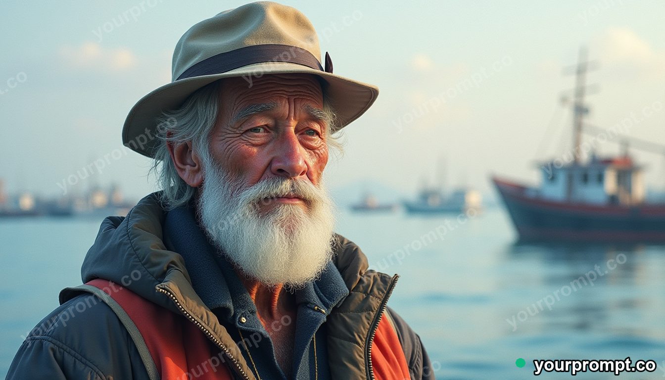 A wise elderly fisherman with a weathered face, fictional