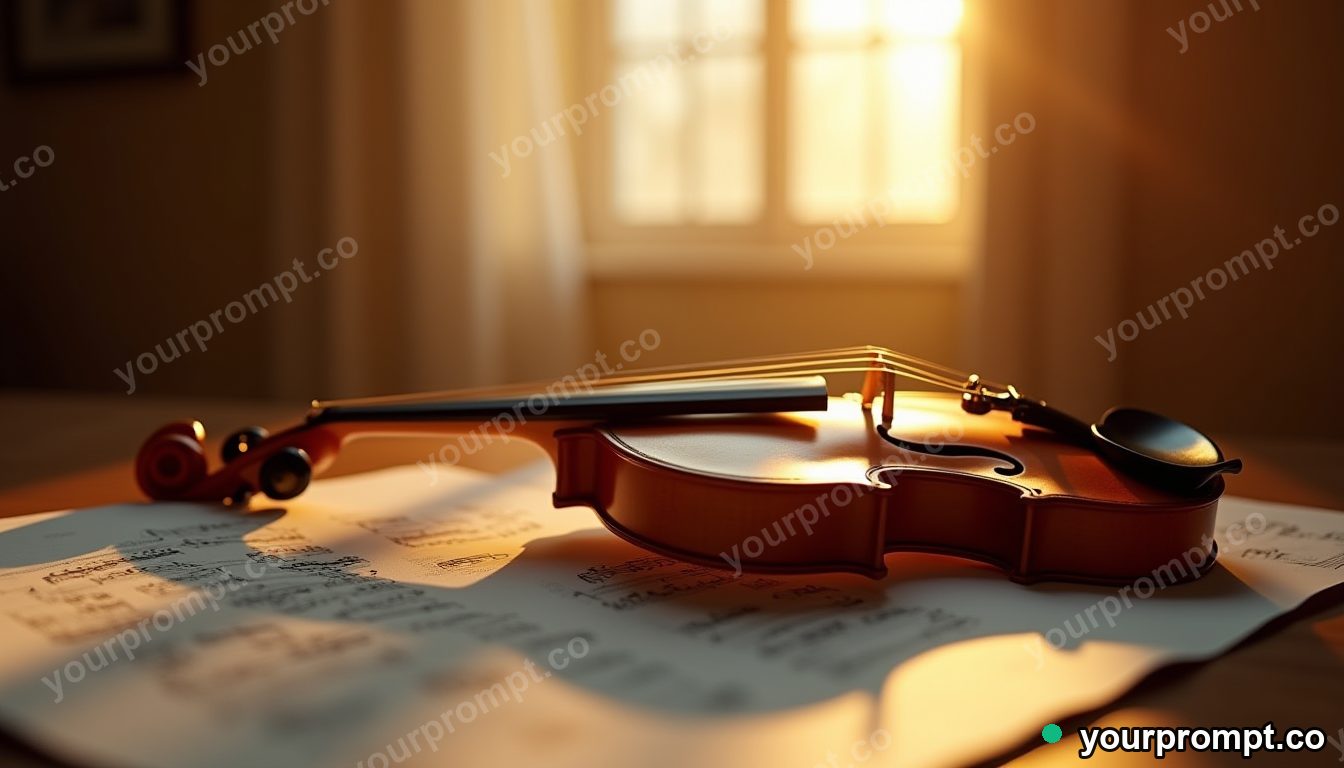 A violin resting on sheet music in soft window light