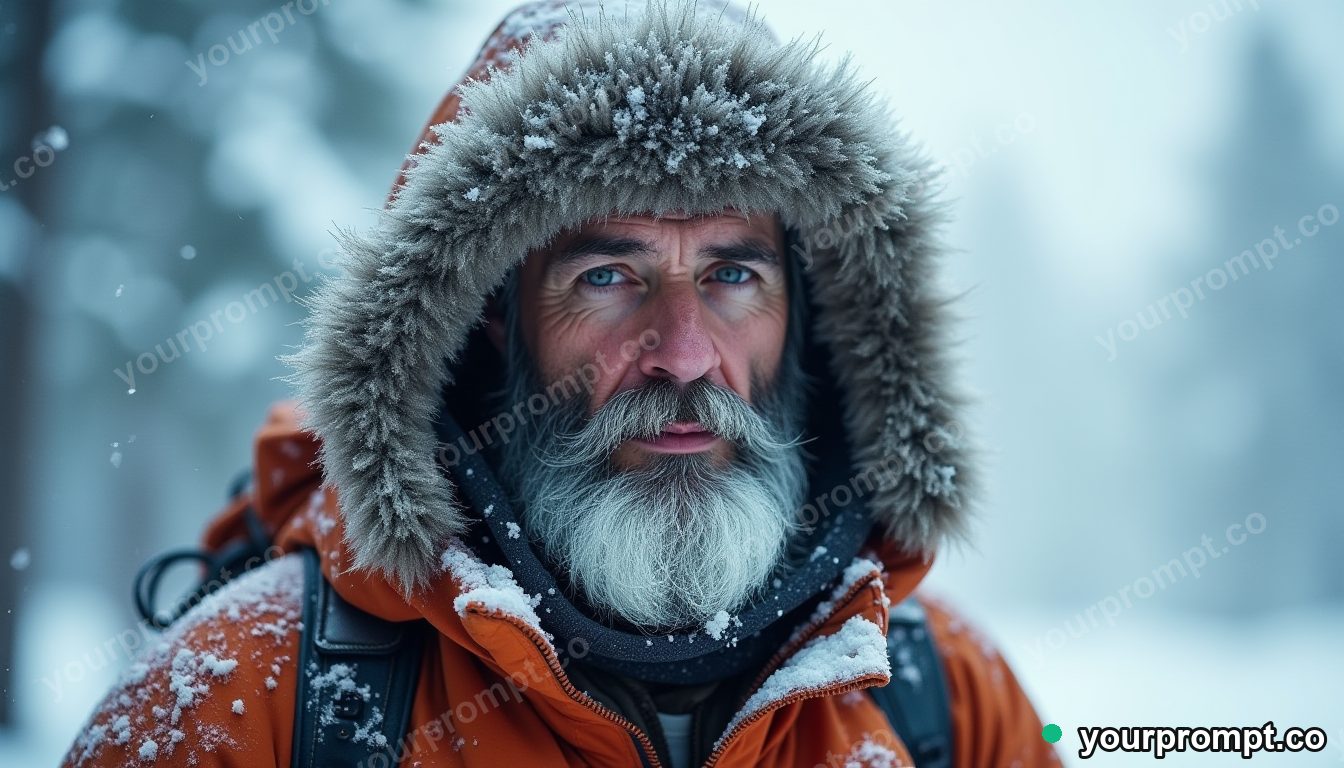 A rugged explorer in snow gear with frost on his beard, fictional
