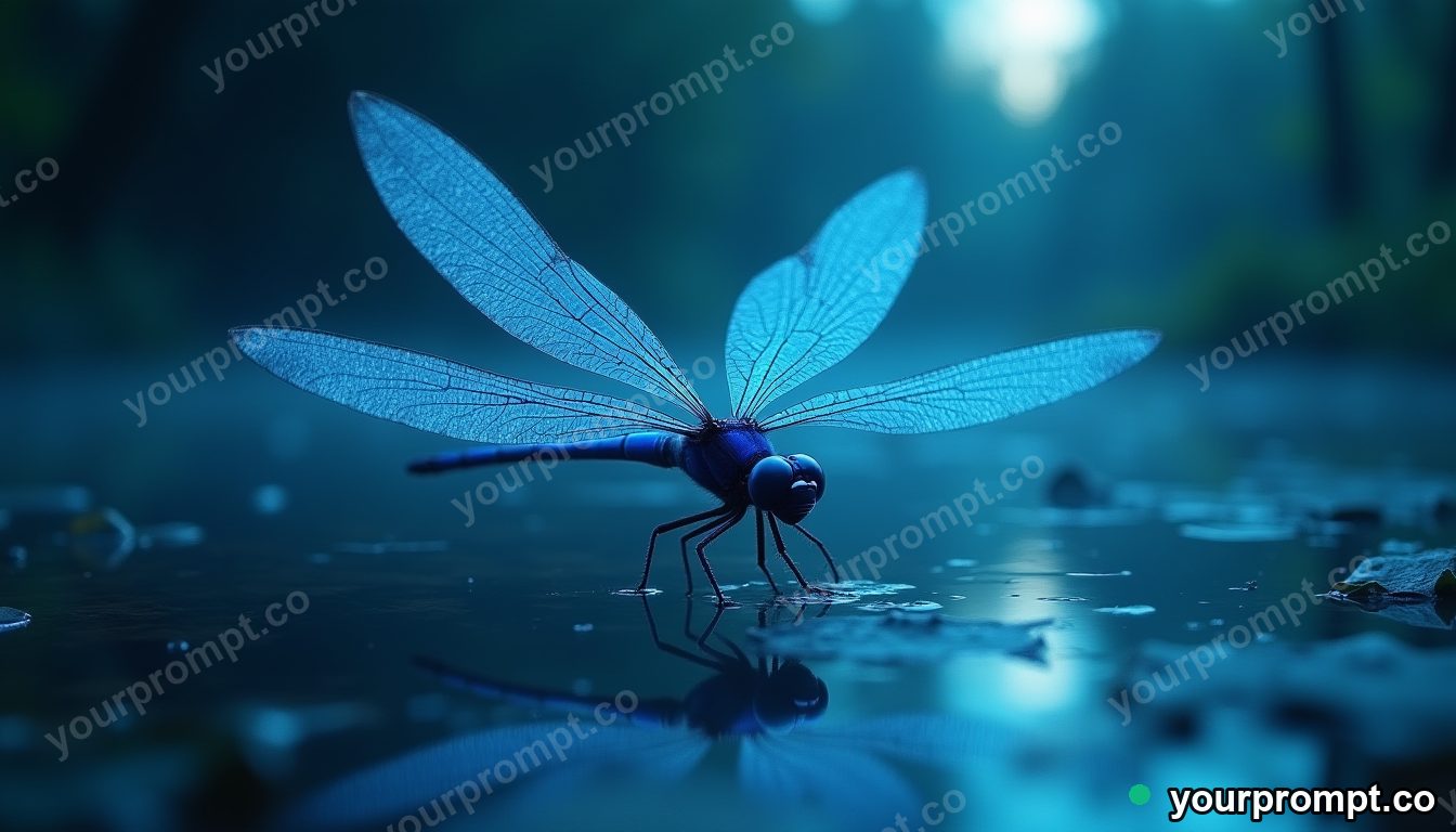 A dragonfly with crystalline wings over a pond