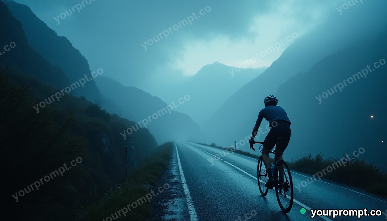 A cyclist sprinting up a misty mountain pass