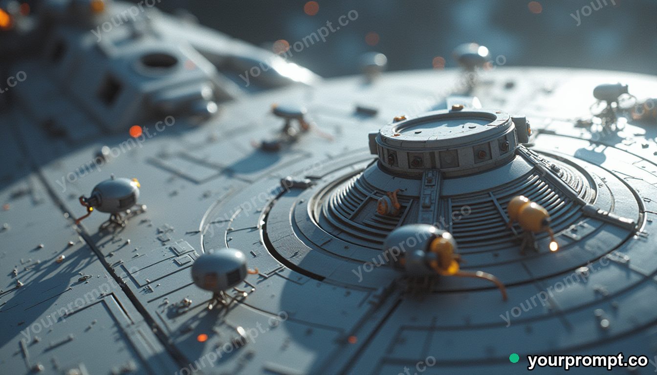 A swarm of repair drones around a starship hull