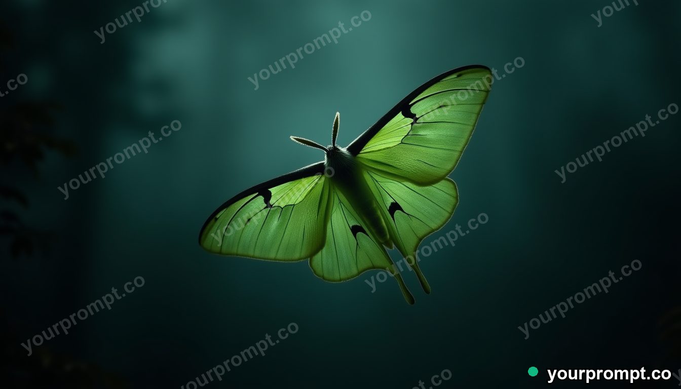 A luna moth with pale green wings at night