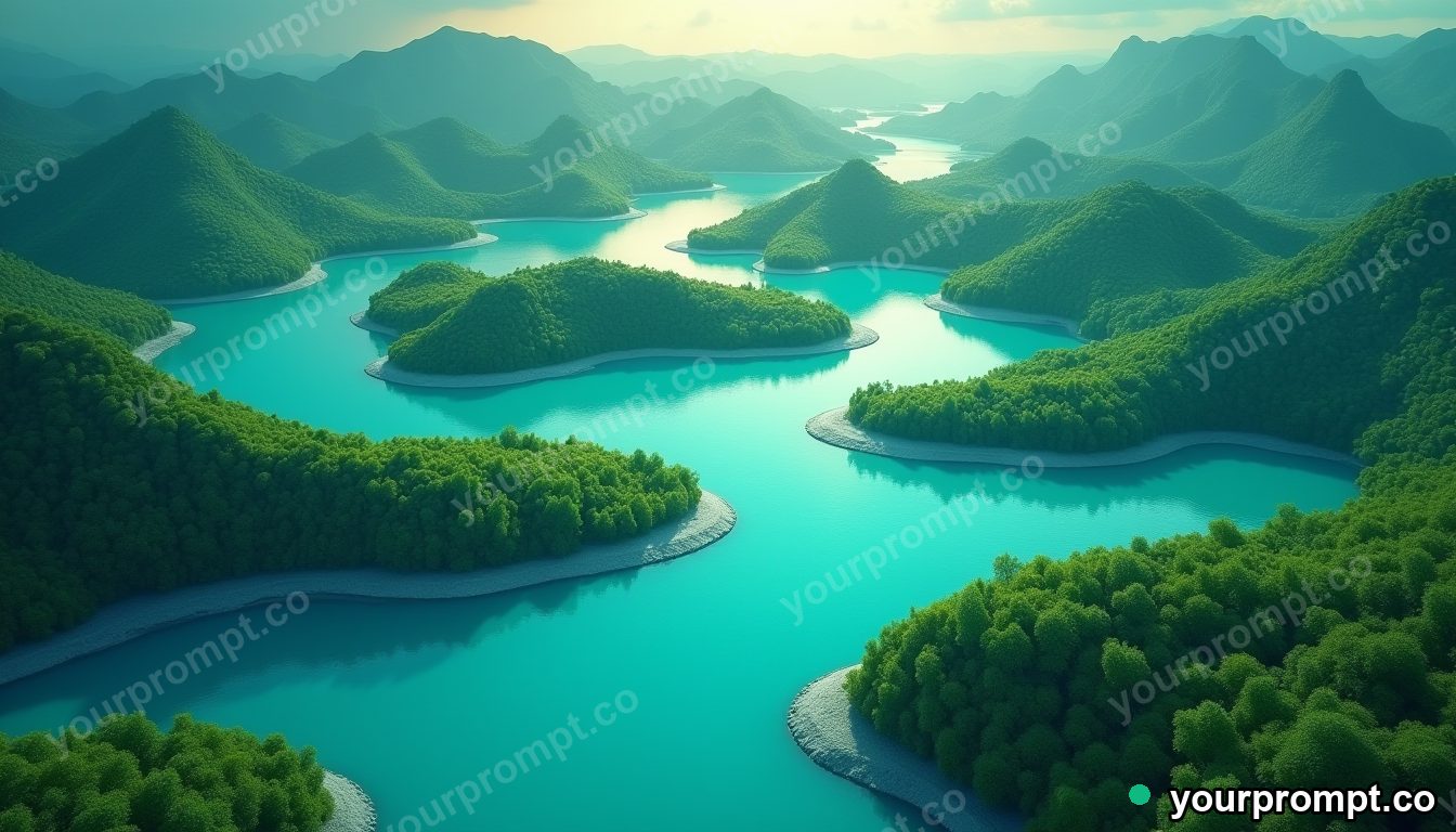 An aerial view of winding turquoise rivers in a green delta