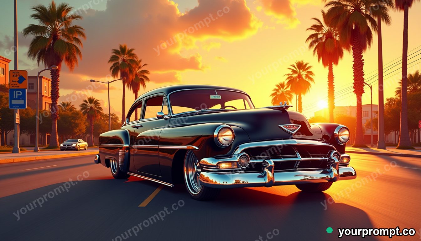 A chrome lowrider cruising a palm-lined boulevard