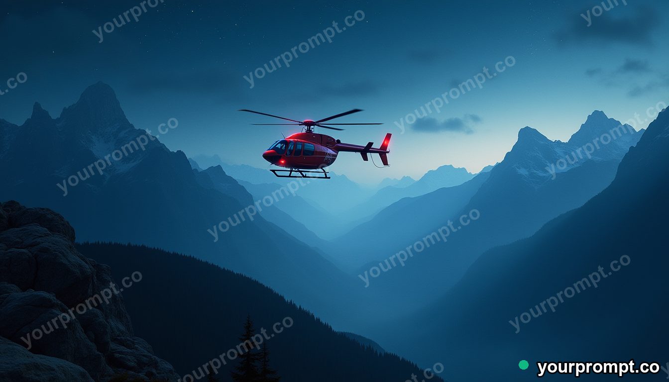 A rescue helicopter hovering above a mountain ridge