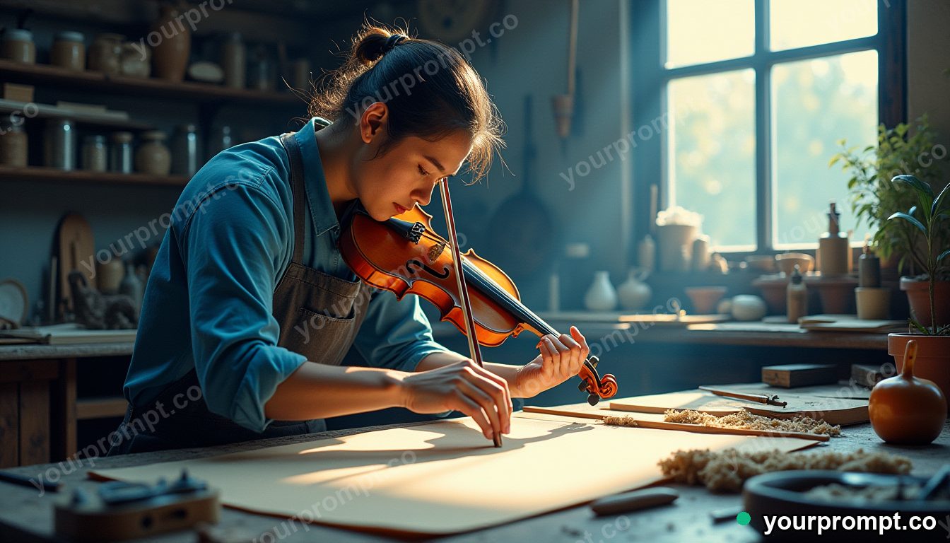 A violin maker carving a scroll in a sunlit workshop