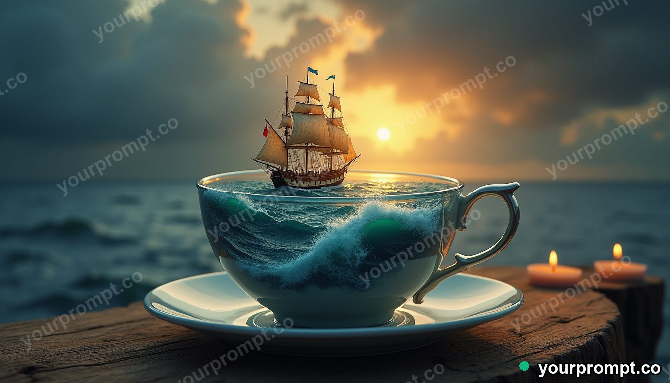 A teacup holding an entire stormy ocean with tiny ships