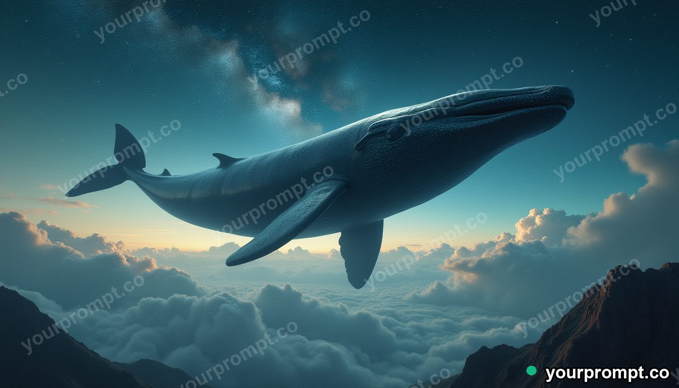 A colossal sky whale drifting above a fantasy kingdom