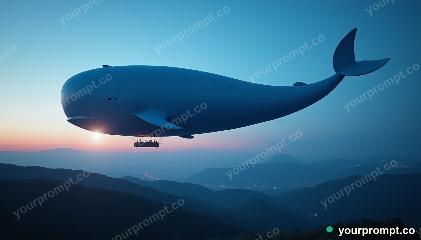 A hot-air balloon shaped like a whale over hills