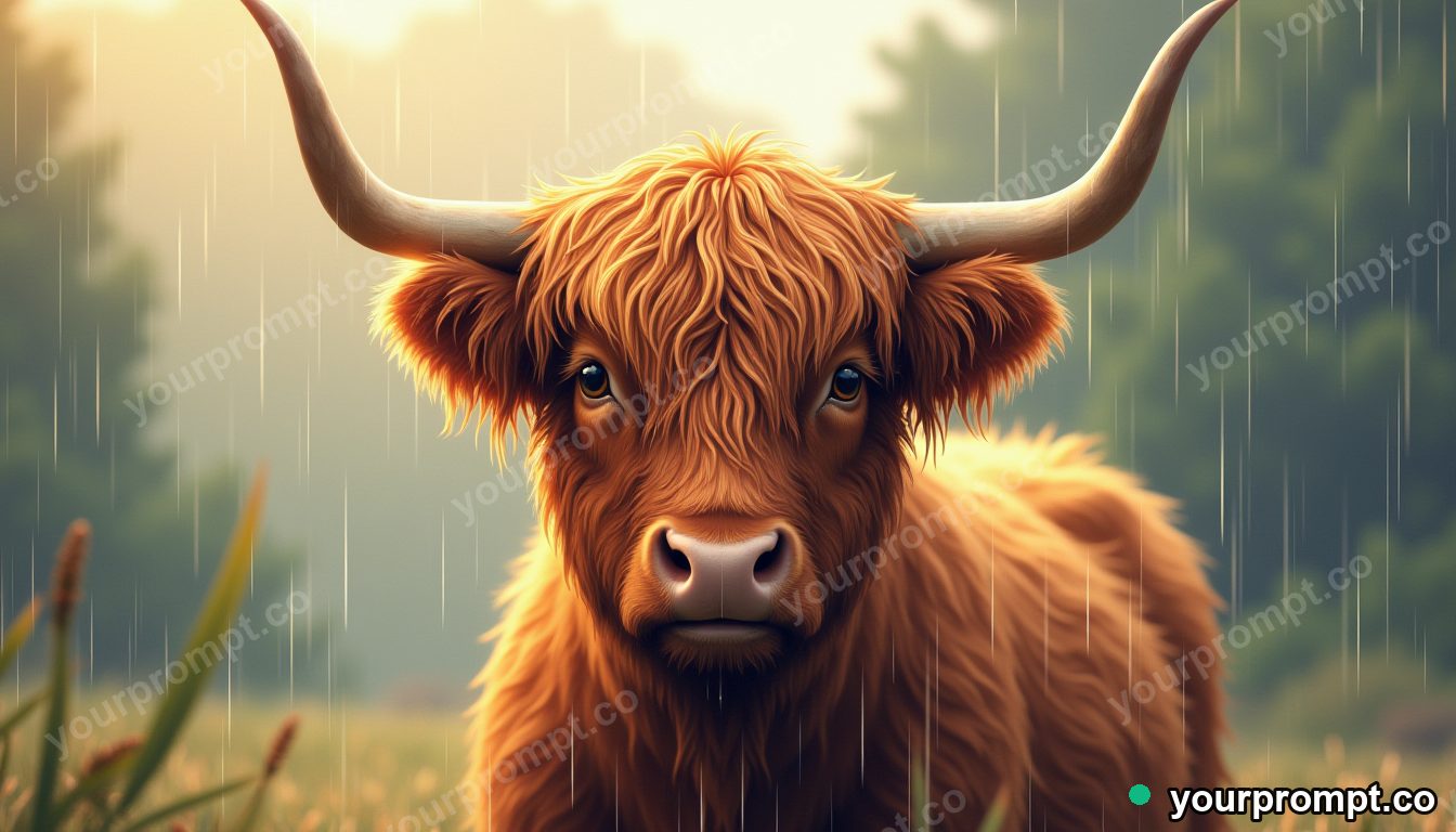 A highland cow with shaggy hair in the rain