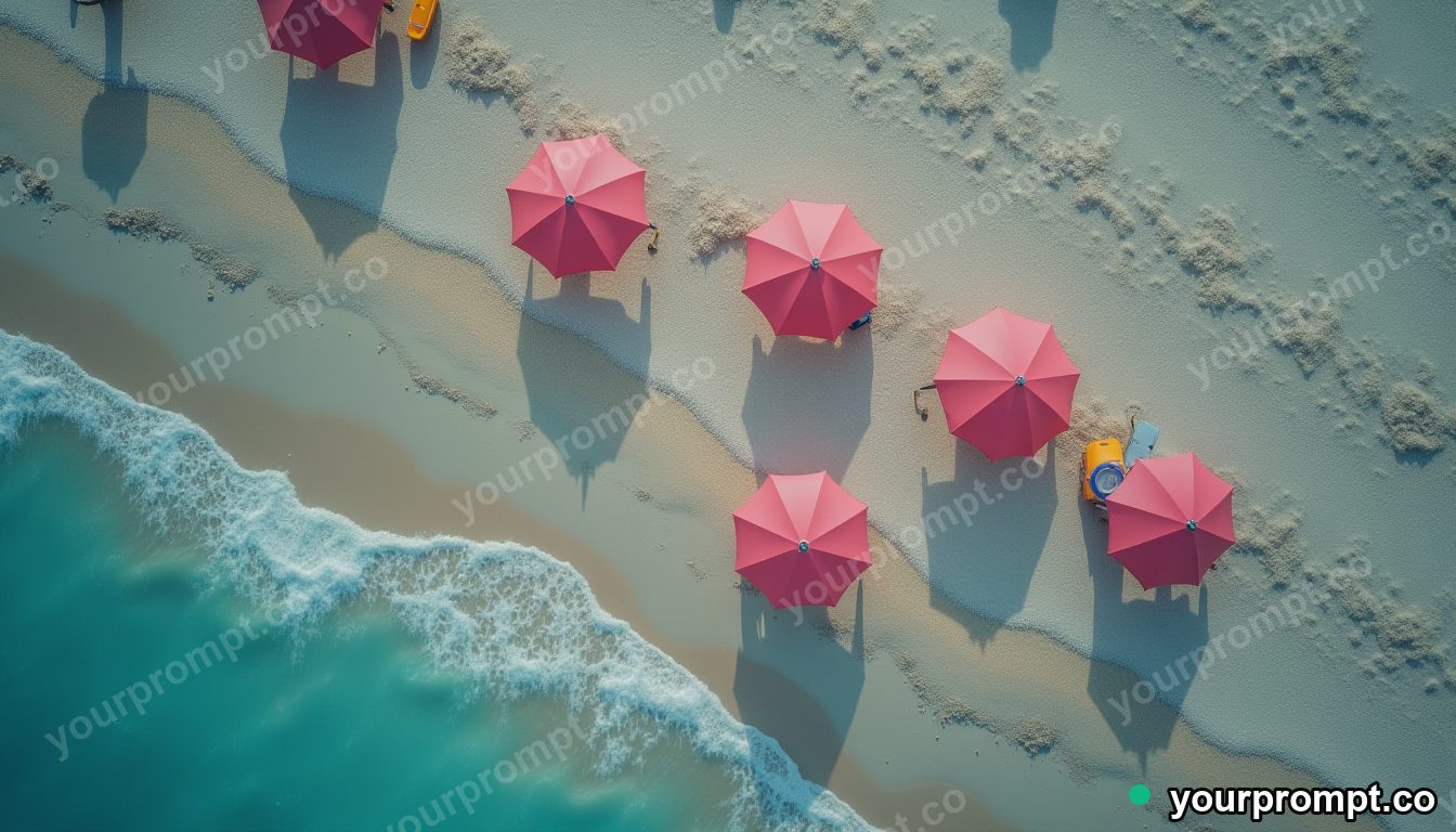 A top-down view of umbrellas scattered on a sandy beach