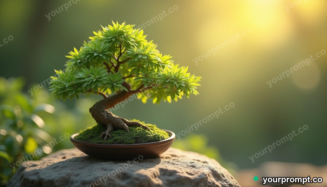 A bonsai tree with tiny perfect leaves on a stone