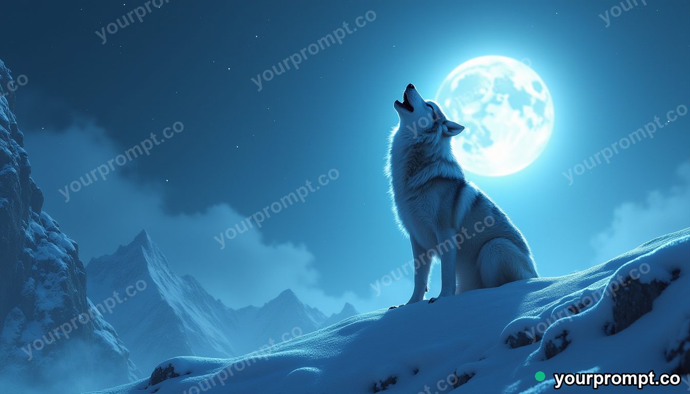 A wolf howling on a snowy ridge under the moon
