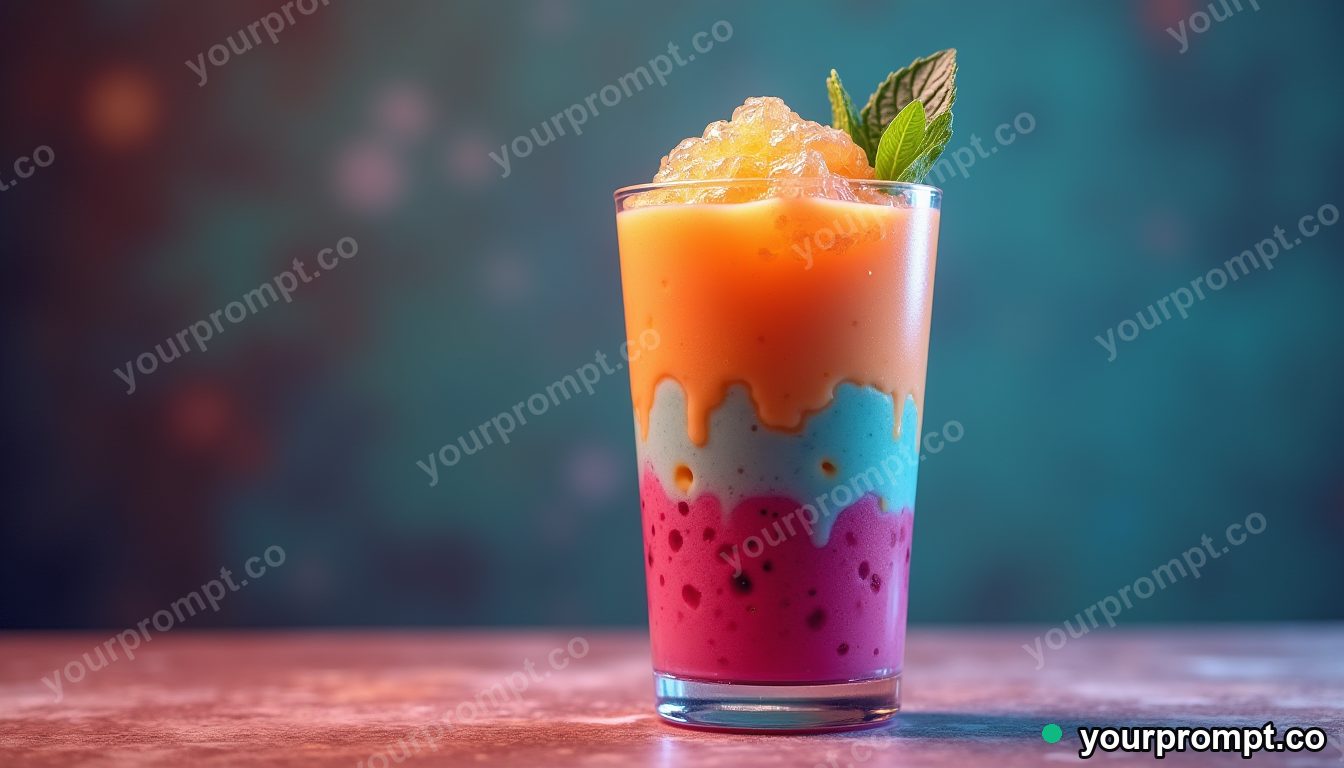 A colorful layered smoothie in a tall glass