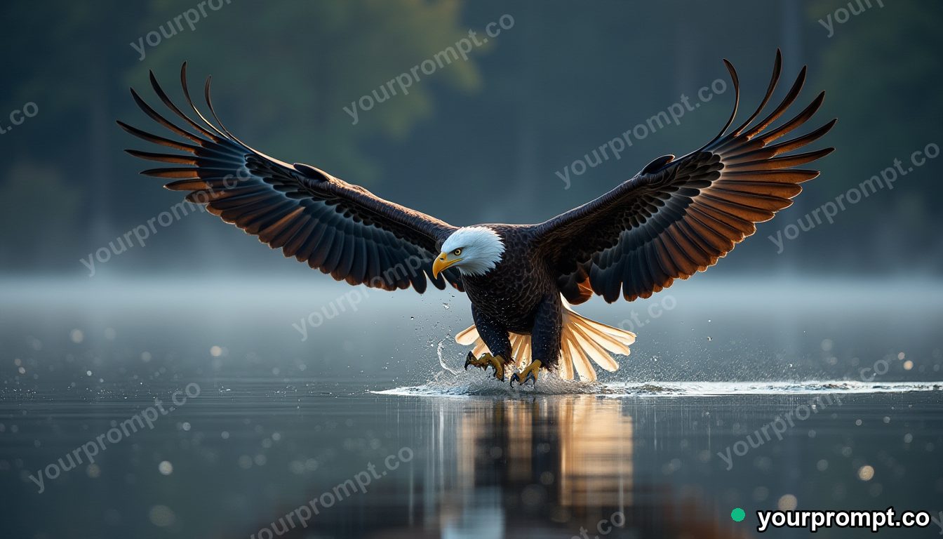 A bald eagle diving toward a lake