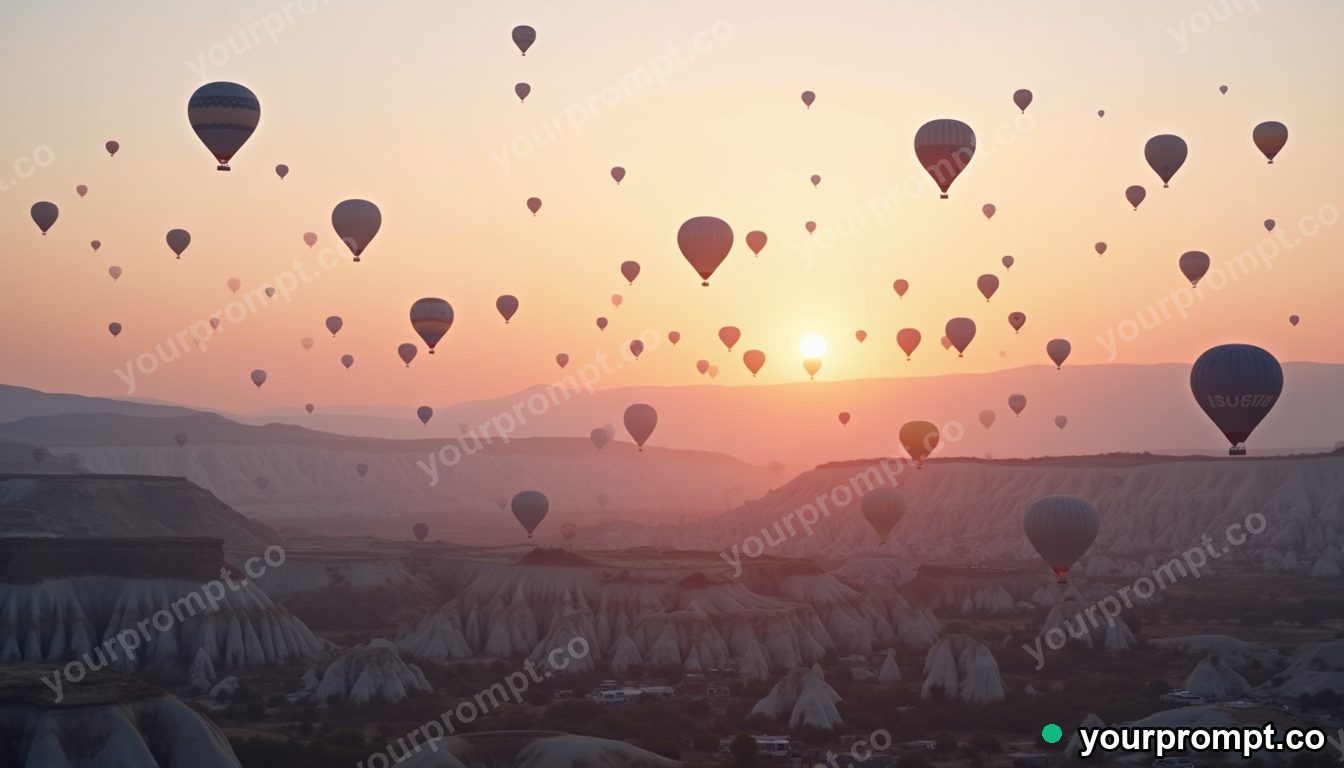 A hot-air-balloon-filled sky over Cappadocia at dawn