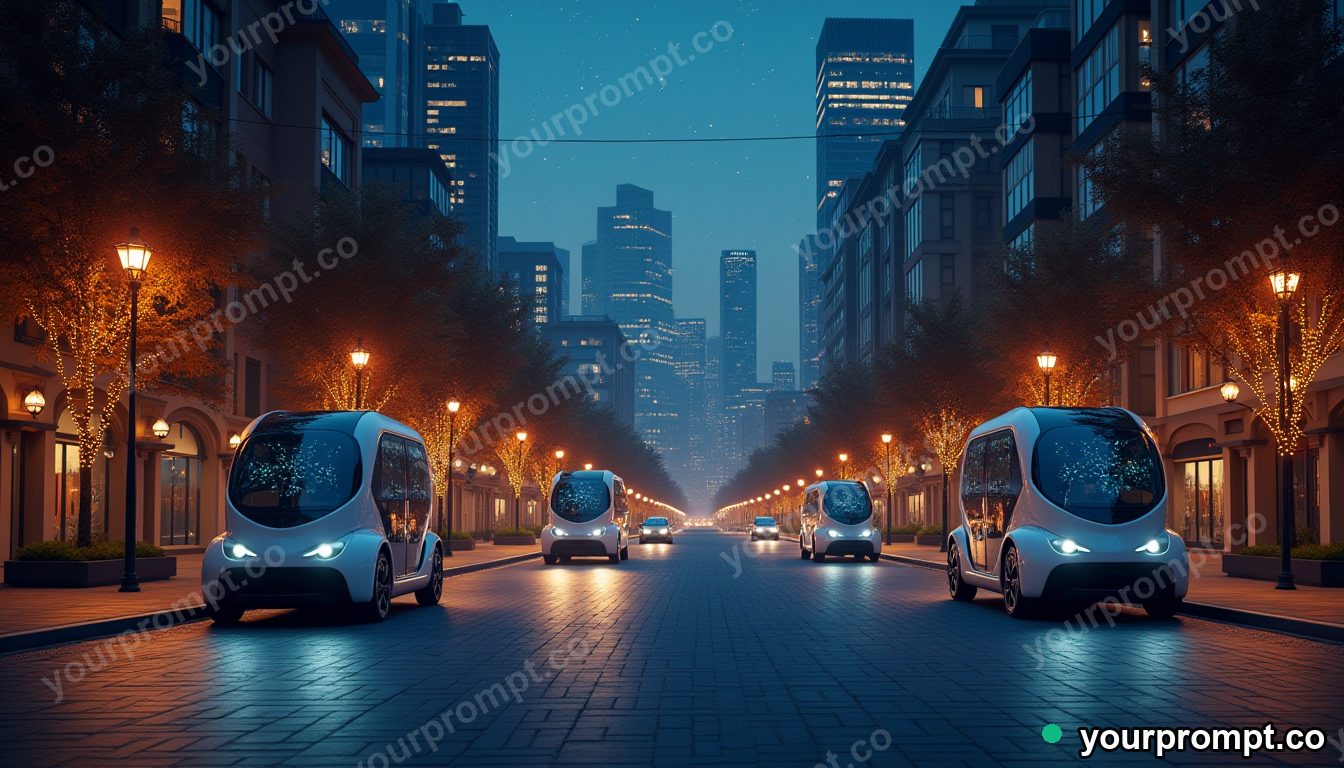 A smart city street with self-driving pods at dusk