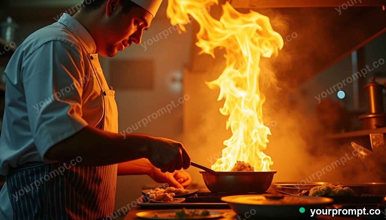 A chef flambeing a dish in a busy kitchen