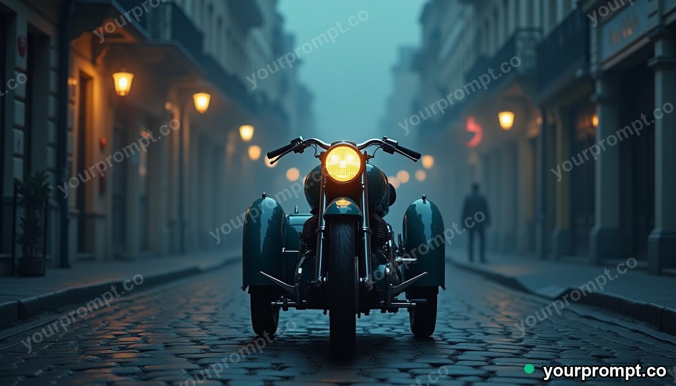 A vintage sidecar motorcycle on a cobbled street
