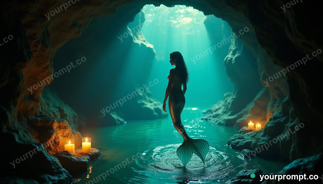 A shimmering mermaid in a glowing underwater grotto