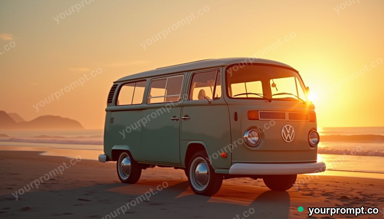 A vintage VW camper van parked at a beach sunset