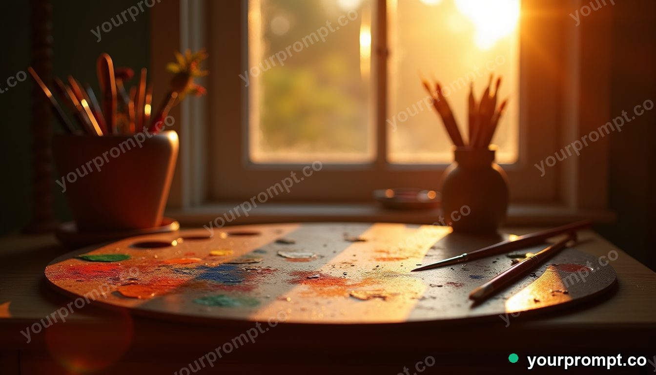 A painter's palette and brushes by a sunlit window