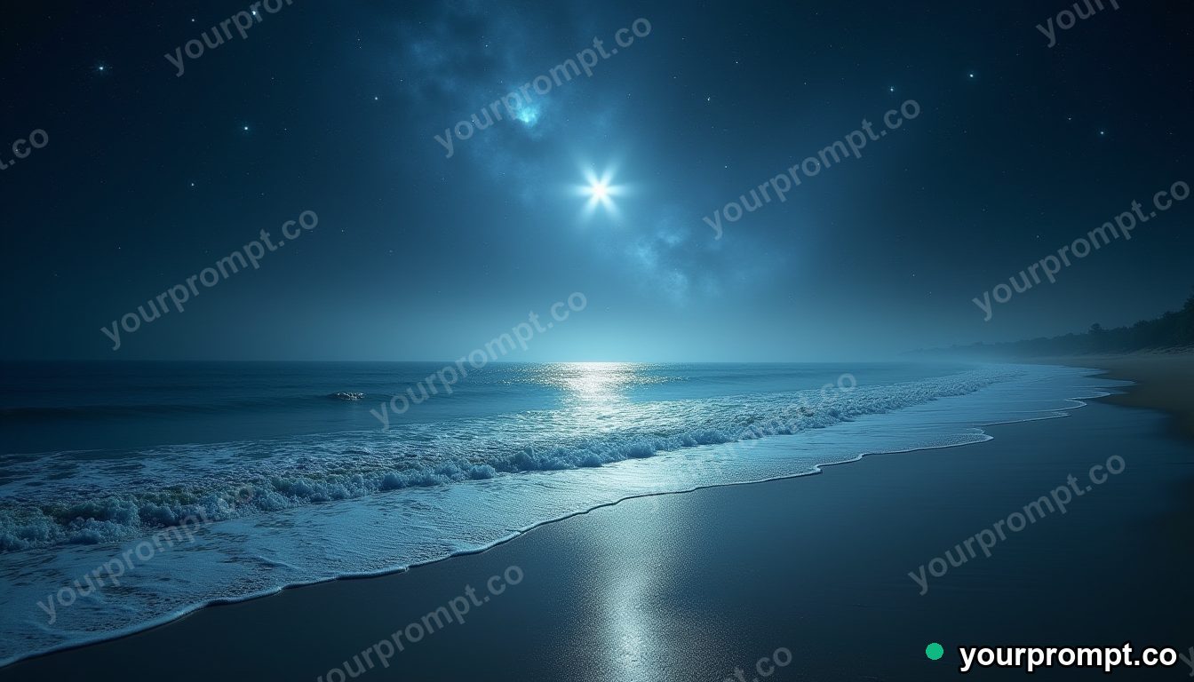 A surreal beach where the sea is liquid starlight