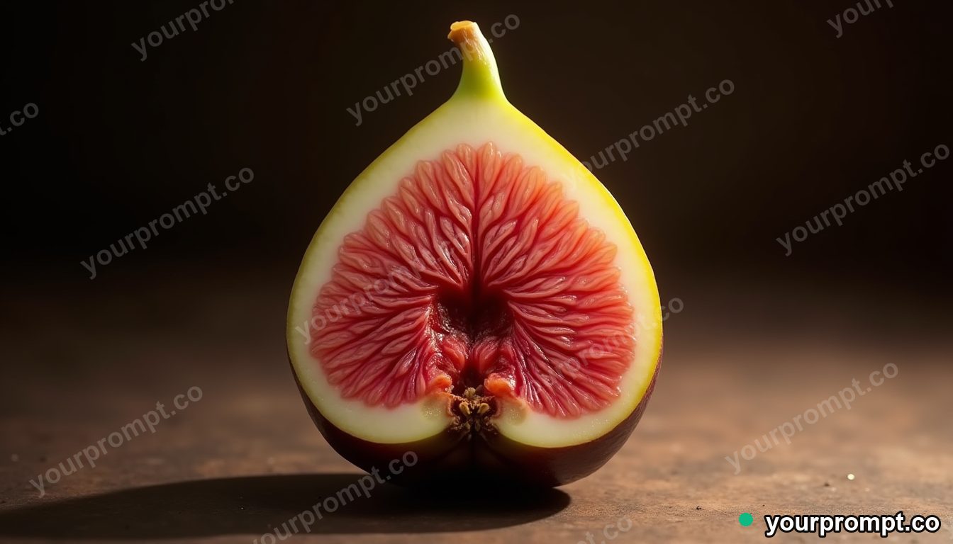 A single fig sliced to show its pink interior