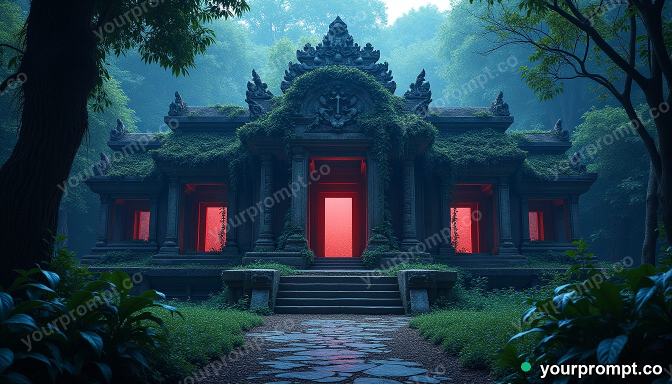 An ancient temple overgrown by jungle vines