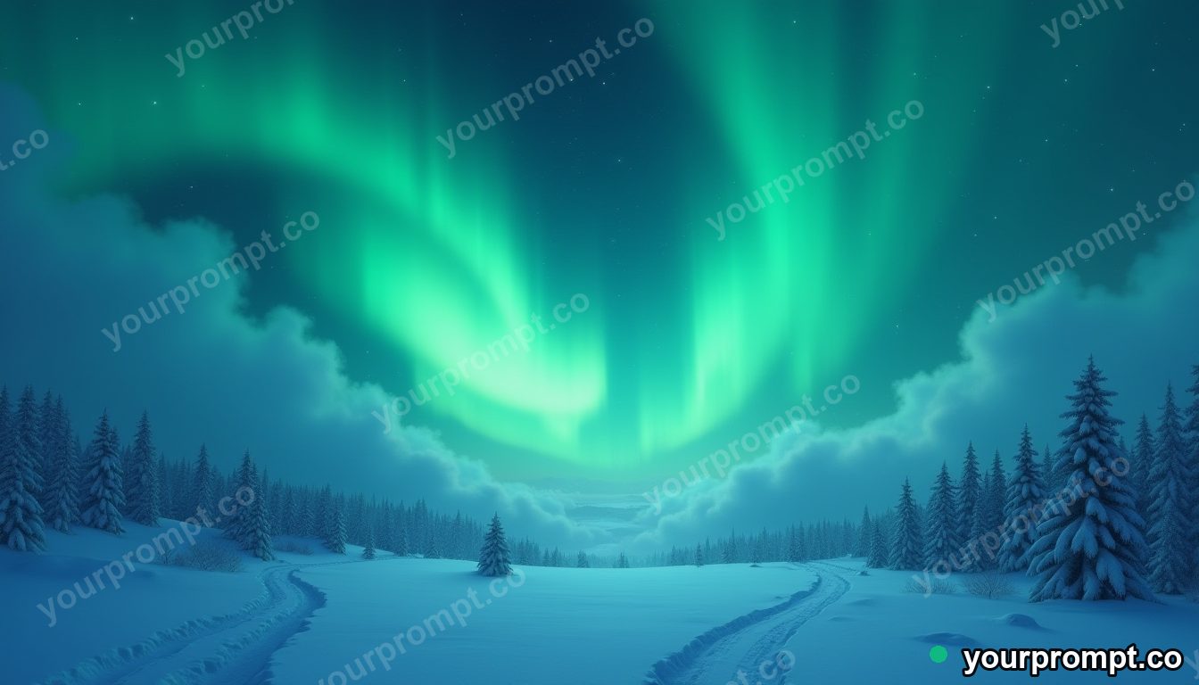 The northern lights rippling green over a snowy valley