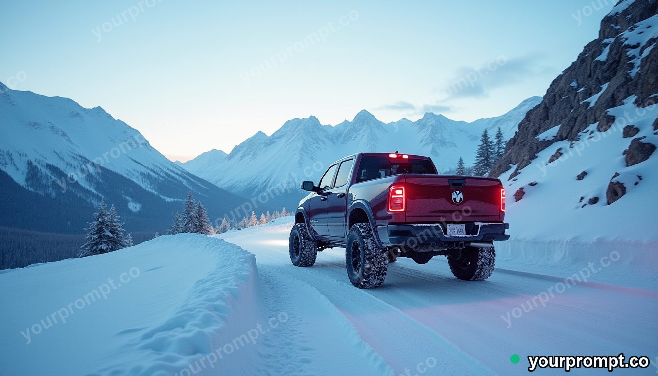 A rugged lifted pickup on a snowy mountain pass