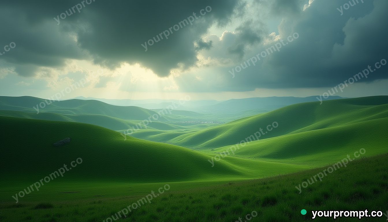 Rolling green hills under a dramatic stormy sky