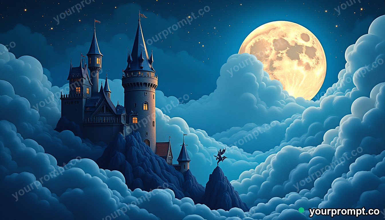 A dragon perched on a castle tower amid storm clouds