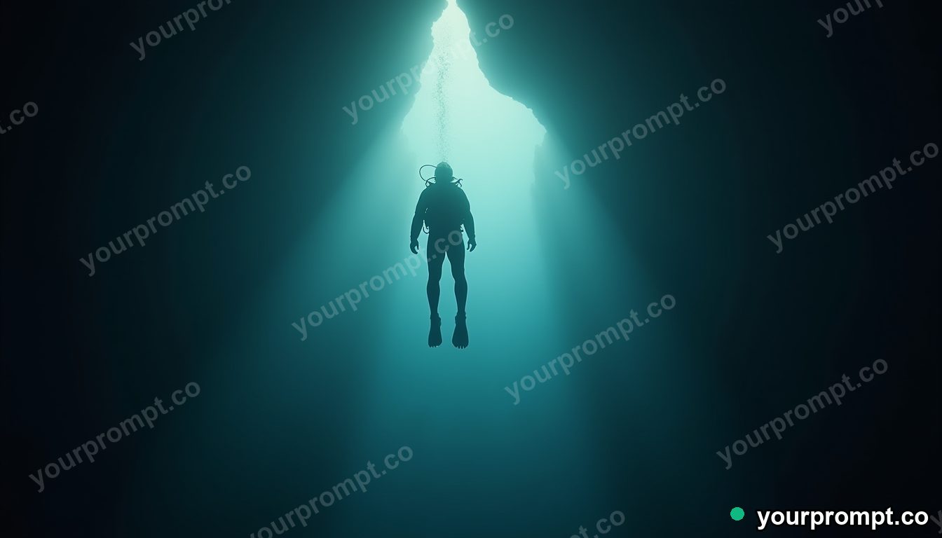 A diver silhouetted in a cathedral of light underwater