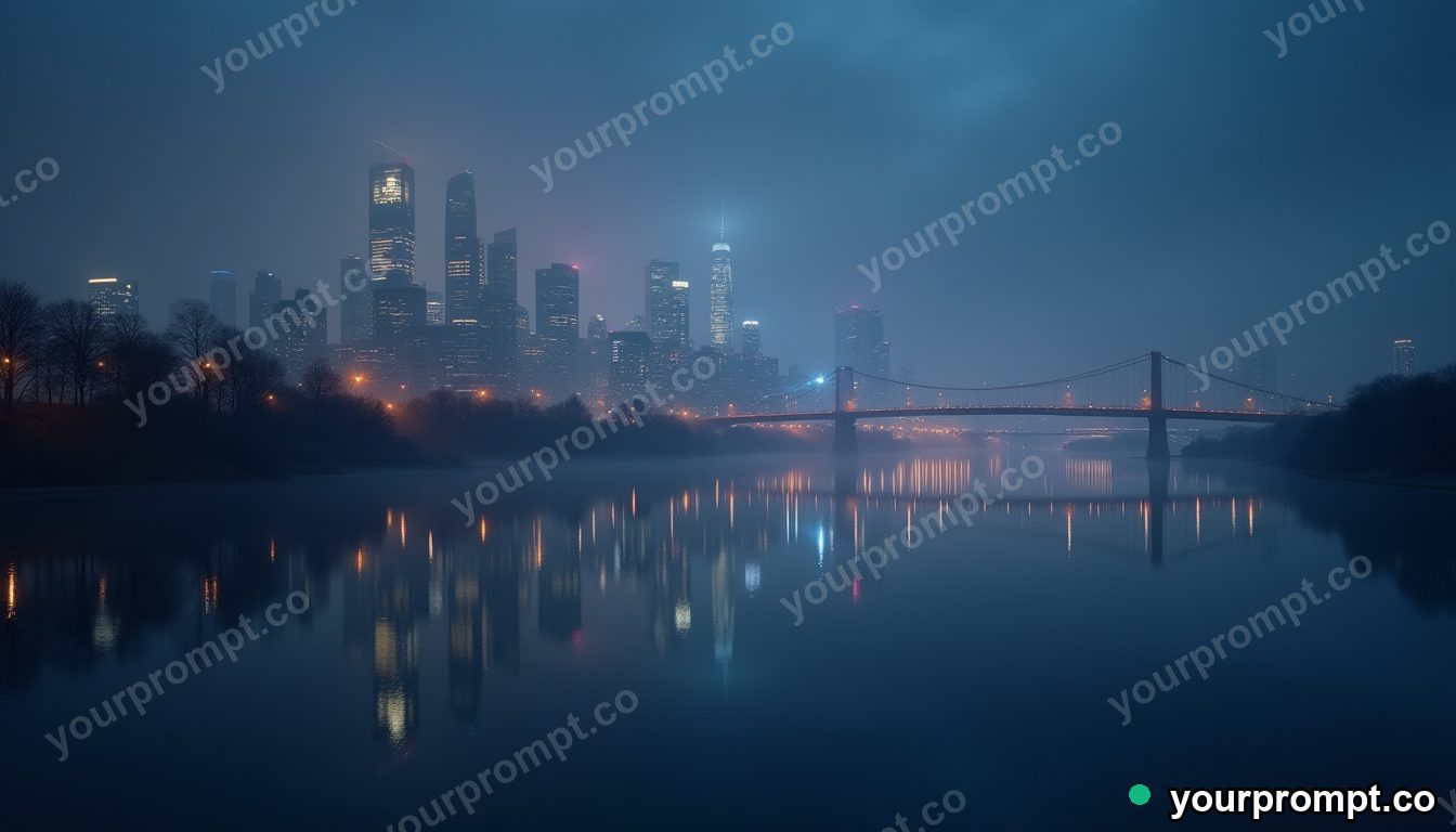 A city skyline mirrored in a calm river at night