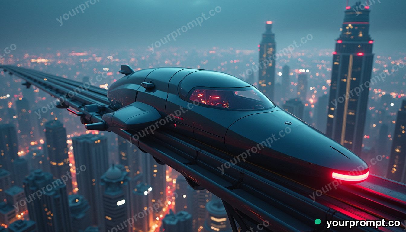 A futuristic maglev gliding over a neon city